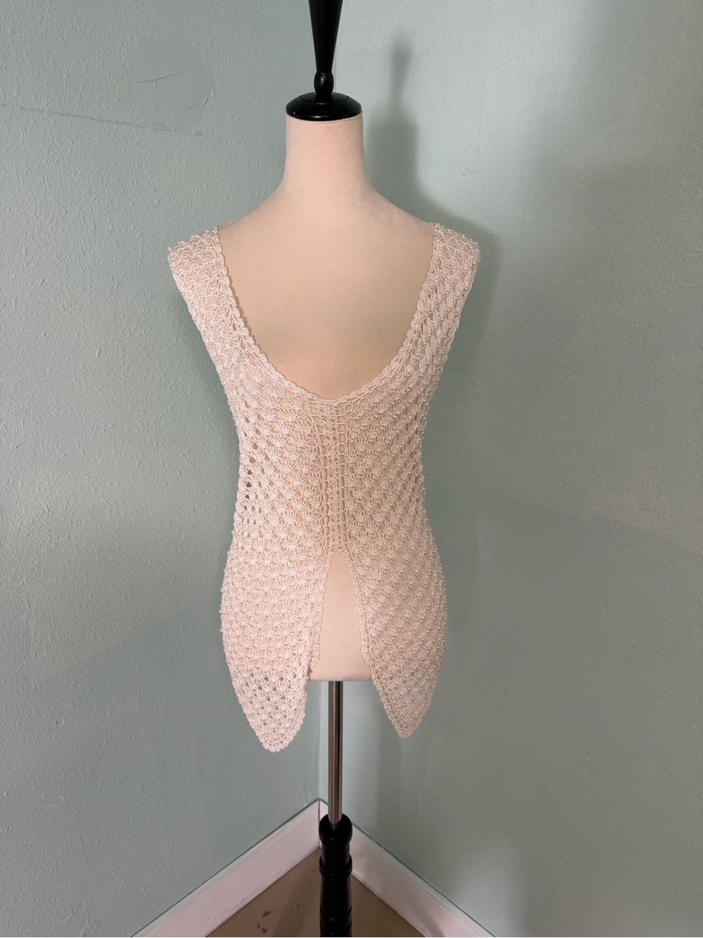 Beaded vintage, y2k style Open-Knit Cream Sleeveless Top